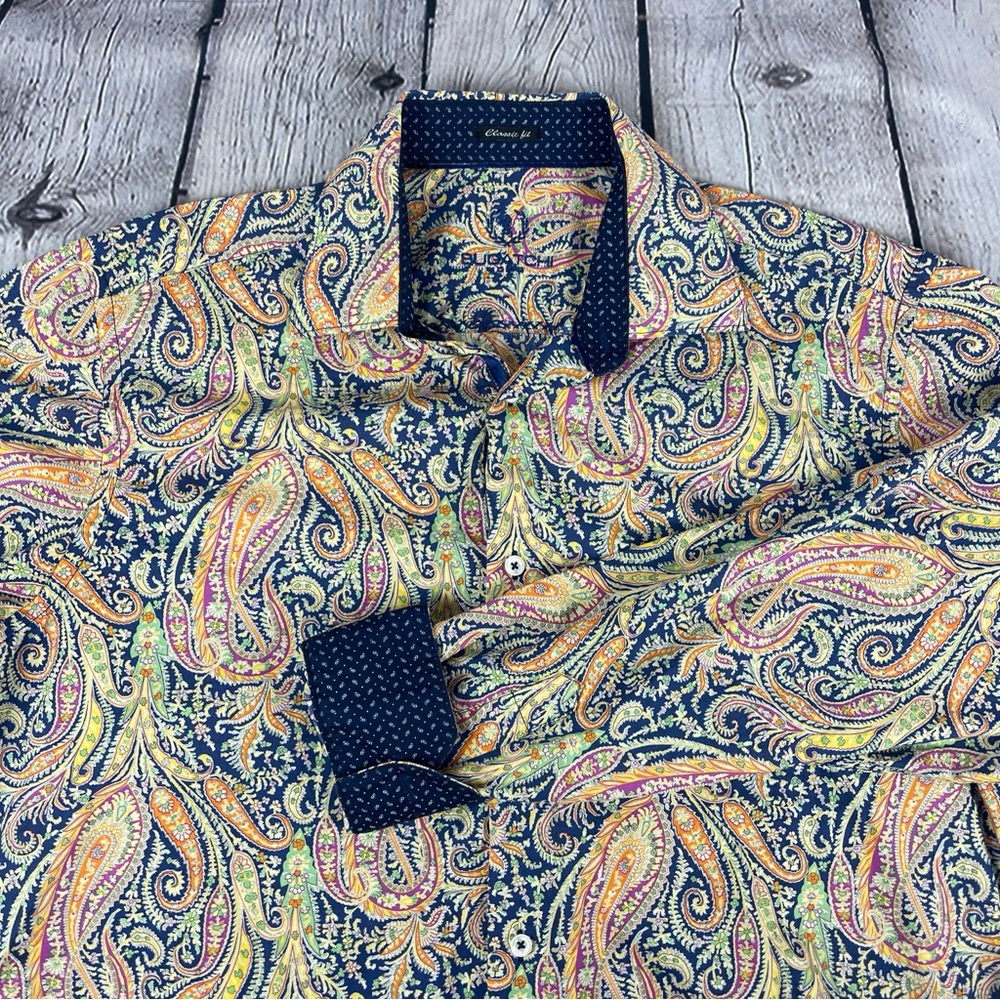 Bugatchi Blue and Yellow Paisley Button Down Shirt